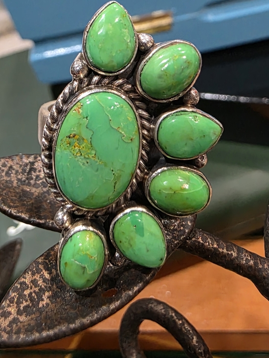 Artisan Made Jewelry - Artisan Green Turquoise Sterling Silver Cluster Ring Sz 8 Adjustable 10g